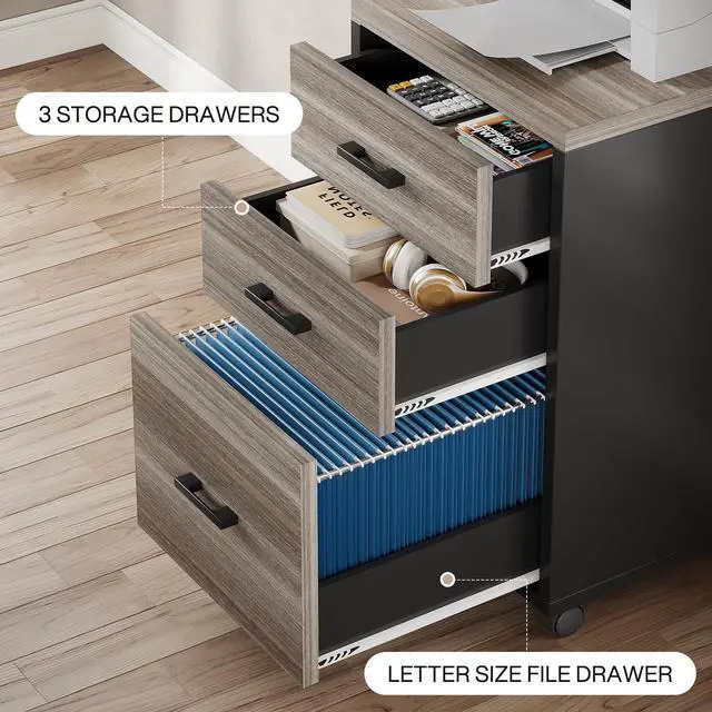 Alt view image 4 of 7 - Triebsigns 3 Drawer File Cabinet, Vertical Mobile Filing Cabinet, Under Desk Rolling Printer Stand for Home Office, fits A4 or Letter Size (Grey)