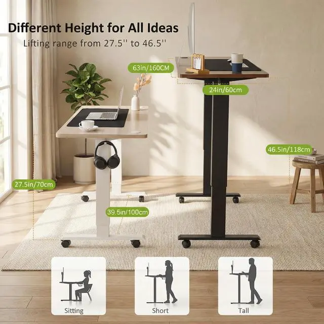 Alt view image 5 of 7 - Electric Standing Desk 63 x 24In with Power Outlets, Adjustable Height Stand up Desk with Large Mouse Pad, Double Hooks and 4 Wheels, 27''-46'' Lifting Range, Easy to Set for Home/Office(Oak)