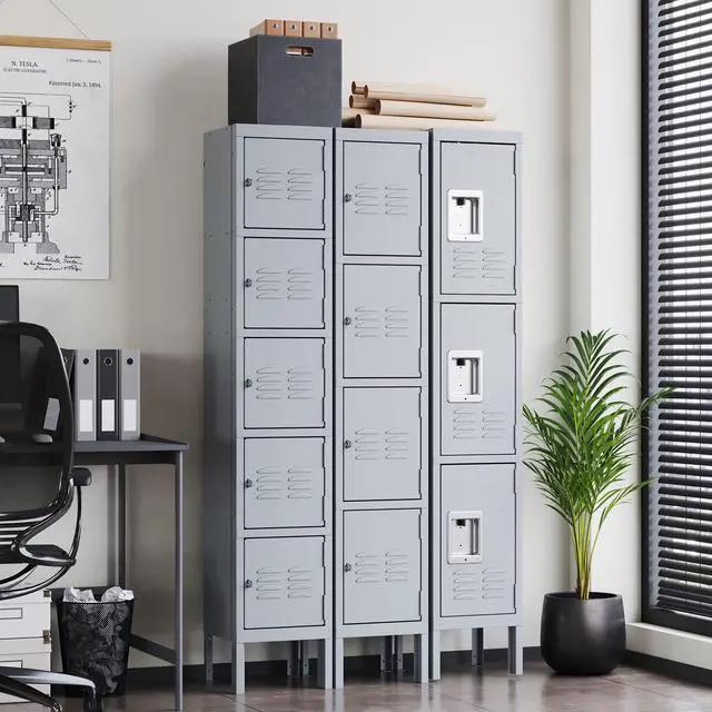 Alt view image 2 of 6 - Metal Lockers, 5 Doors -66" Tall Steel Storage Cabinets Lockable for Employees, School,Gym, Home,Office,Mudroom,Industrial Lockers (Gray)