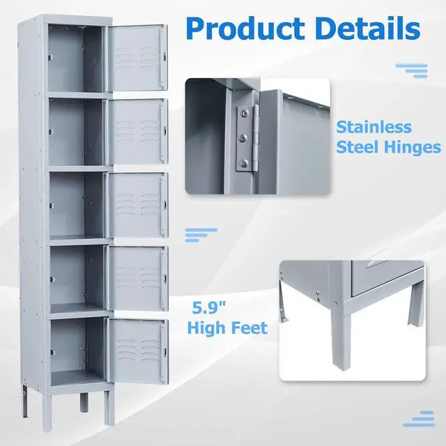 Alt view image 5 of 6 - Metal Lockers, 5 Doors -66" Tall Steel Storage Cabinets Lockable for Employees, School,Gym, Home,Office,Mudroom,Industrial Lockers (Gray)