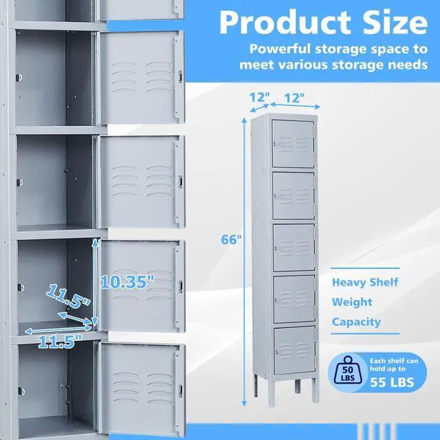 Alt view image 3 of 6 - Metal Lockers, 5 Doors -66" Tall Steel Storage Cabinets Lockable for Employees, School,Gym, Home,Office,Mudroom,Industrial Lockers (Gray)