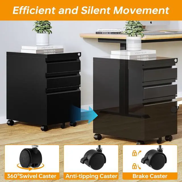 Alt view image 7 of 7 - 3 Drawer Mobile File Cabinet with Lock Rolling Mobile File Cabinet Locking Office Mobile Cabinet with Wheels Under Desk Office Drawers Metal Filing Cabinet Fully Assembled