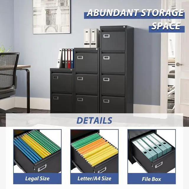 Alt view image 6 of 7 - Black 3 Drawer File Cabinet,Metal Filing Cabinets with Lock,Office File Storage Cabinet for A4/Letter/Legal Size File(Assembly Required)