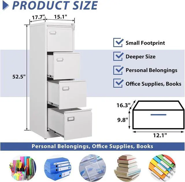 Alt view image 3 of 7 - 4 Drawer File Cabinet,Metal Filing Cabinets with Lock,18" Deep Vertical Filing Cabinets for Home Office,Steel Storage Cabinet fits Letter/Legal/A4 Size