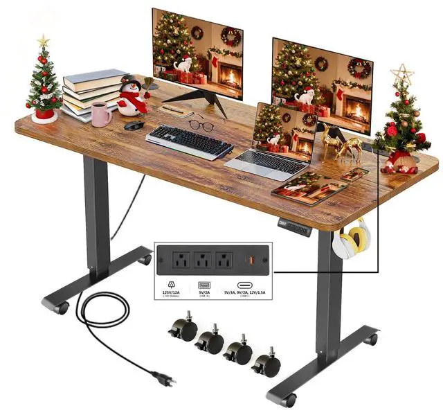 Main image of Electric Adjustable Height Standing Desk, 55×24 Inches Sit Stand Desk with Power Socket, 2 USB Ports, 3 Power Outlets, 4 Wheels,4 Memory Buttons Home Office Computer Workstations (Brown)