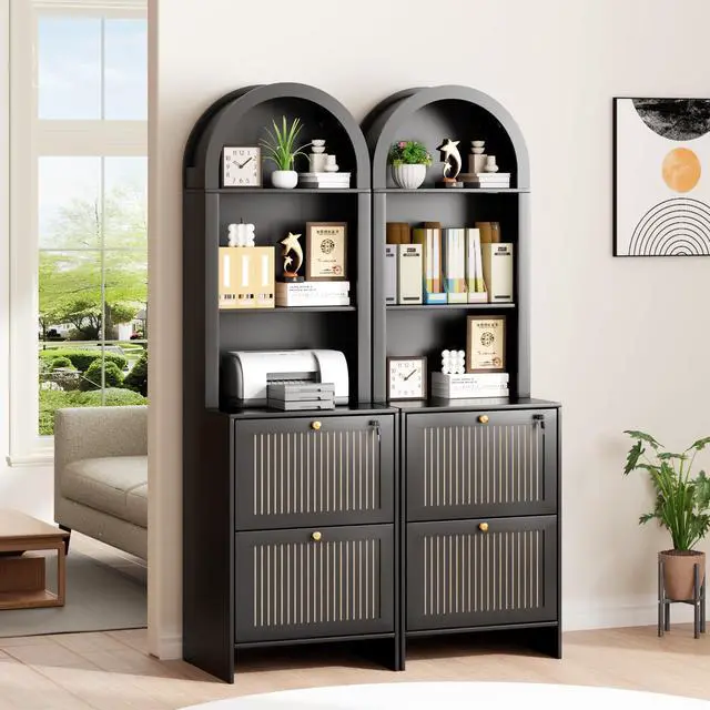 Alt view image 7 of 7 - 2 Drawer File Cabinet with Lock for Home Office Fits Legal/A4 File | 64.8''H Arch Filing Cabinet Can Hanging File Folders,Farmhouse Vertical File Cabinet for Office with Printer Stand Storage