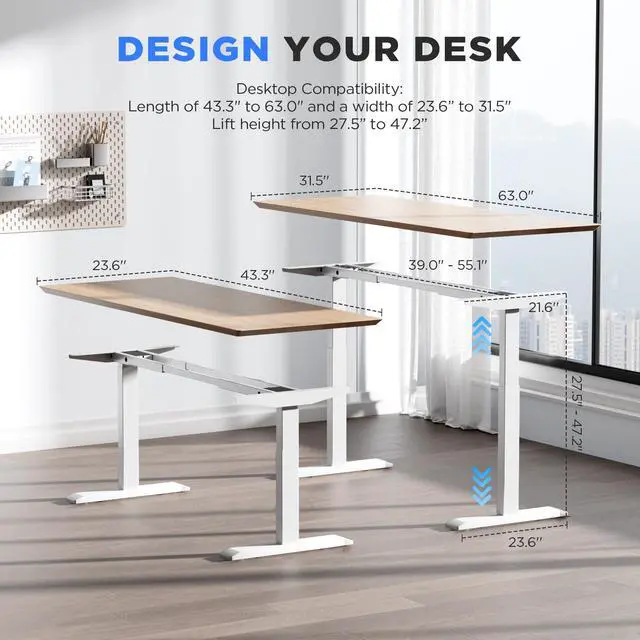 Alt view image 5 of 7 - Dual Motor Electric Standing Desk Frame - 300 lbs Heavy Duty, 3 Memory Height Presets - Sit Stand Desk Frame, Computer Height Adjustable Desk Legs & Base for 43.3"-63" Desktop, White Frame Only