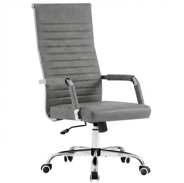 Main image of Ribbed Office Chair High Back PU Leather Executive Conference Chair Adjustable Swivel Chair with Arms (Bicolor Vintage Grey)