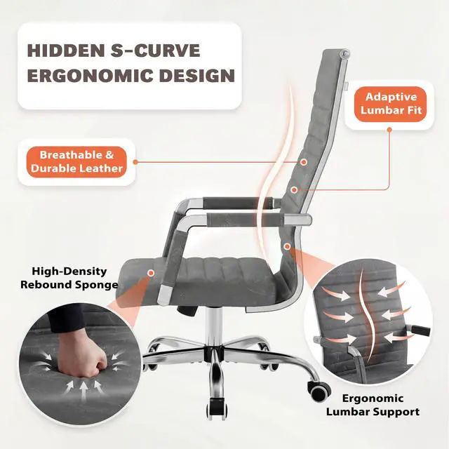 Alt view image 5 of 7 - Ribbed Office Chair High Back PU Leather Executive Conference Chair Adjustable Swivel Chair with Arms (Bicolor Vintage Grey)
