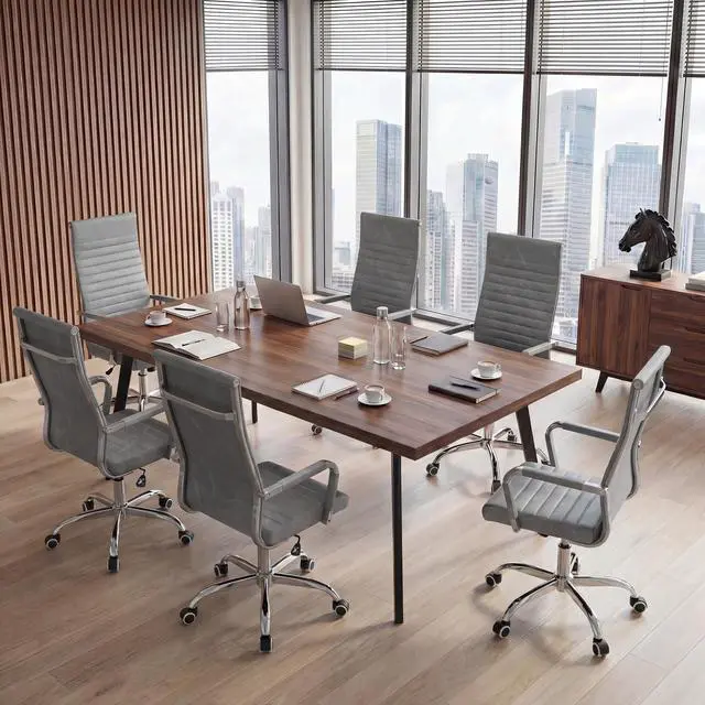 Alt view image 4 of 7 - Ribbed Office Chair High Back PU Leather Executive Conference Chair Adjustable Swivel Chair with Arms (Bicolor Vintage Grey)