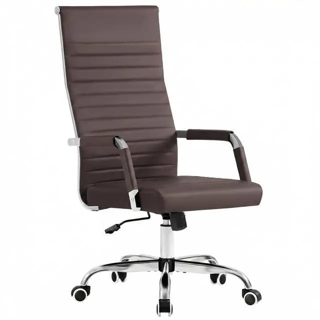 Main image of Ribbed Office Chair High Back PU Leather Executive Conference Chair Adjustable Swivel Chair with Arms (Bicolor Retro Brown)