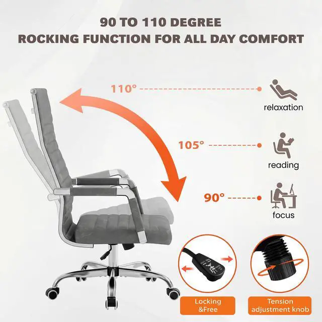 Alt view image 7 of 7 - Ribbed Office Chair High Back PU Leather Executive Conference Chair Adjustable Swivel Chair with Arms (Bicolor Vintage Grey)