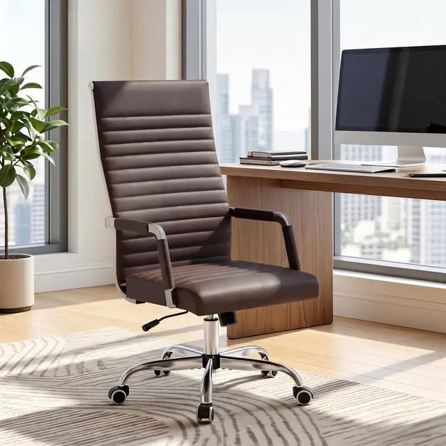 Alt view image 4 of 7 - Ribbed Office Chair High Back PU Leather Executive Conference Chair Adjustable Swivel Chair with Arms (Bicolor Retro Brown)