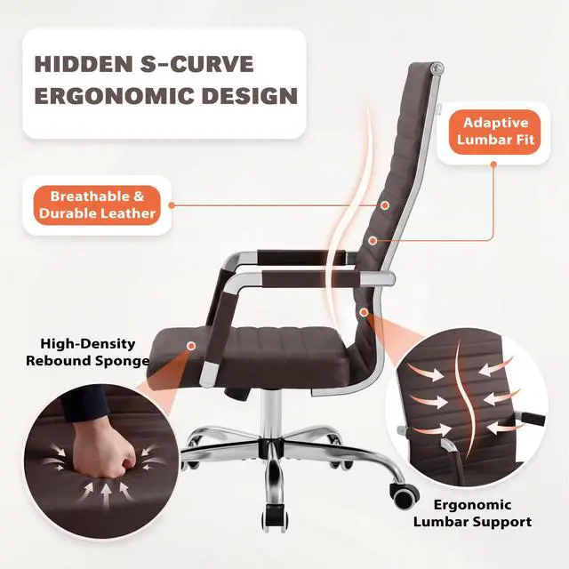 Alt view image 5 of 7 - Ribbed Office Chair High Back PU Leather Executive Conference Chair Adjustable Swivel Chair with Arms (Bicolor Retro Brown)