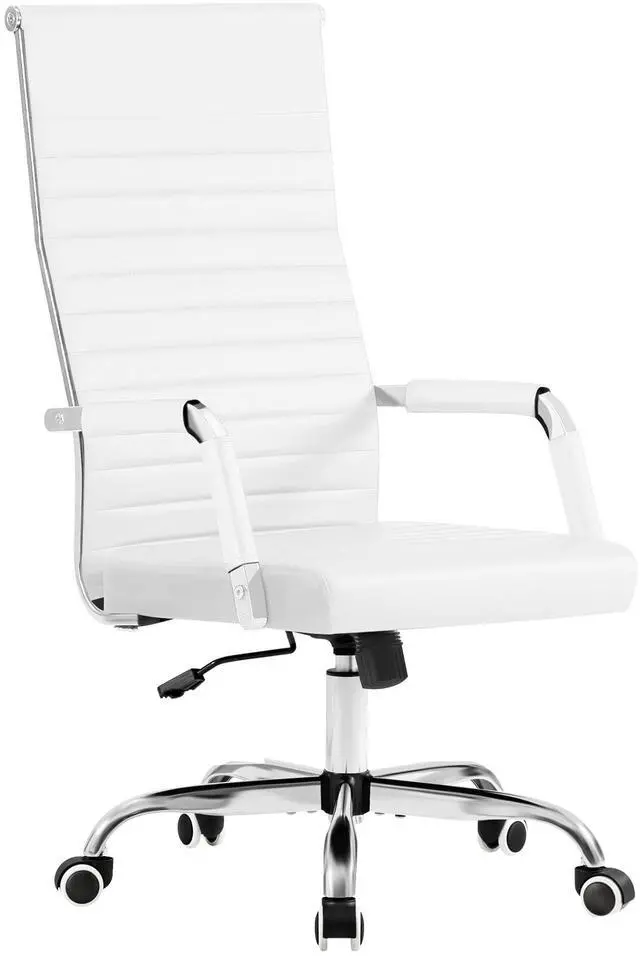 Main image of Ribbed Office Chair High Back PU Leather Executive Conference Chair Adjustable Swivel Chair with Arms (White)