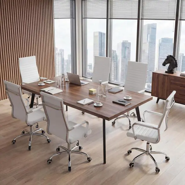 Alt view image 4 of 7 - Ribbed Office Chair High Back PU Leather Executive Conference Chair Adjustable Swivel Chair with Arms (White)