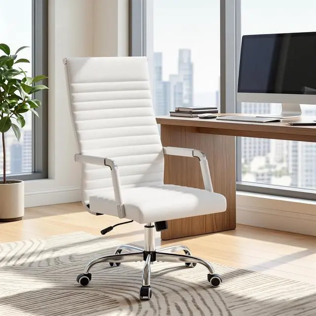 Alt view image 5 of 7 - Ribbed Office Chair High Back PU Leather Executive Conference Chair Adjustable Swivel Chair with Arms (White)