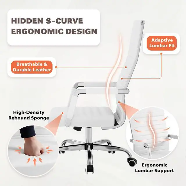 Alt view image 6 of 7 - Ribbed Office Chair High Back PU Leather Executive Conference Chair Adjustable Swivel Chair with Arms (White)