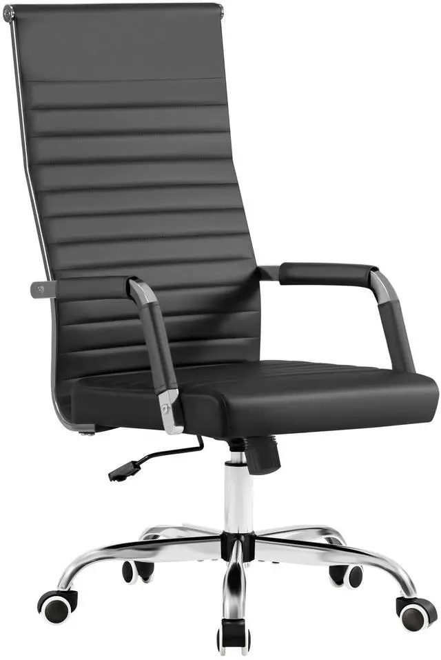 Main image of Ribbed Office Chair High Back PU Leather Executive Conference Chair Adjustable Swivel Chair with Arms, Black