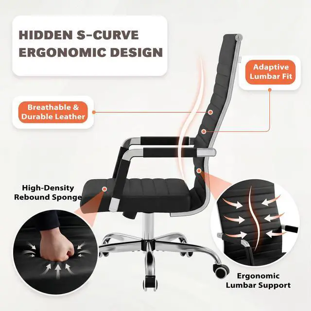 Alt view image 5 of 7 - Ribbed Office Chair High Back PU Leather Executive Conference Chair Adjustable Swivel Chair with Arms, Black