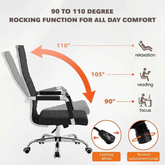Alt view image 6 of 7 - Ribbed Office Chair High Back PU Leather Executive Conference Chair Adjustable Swivel Chair with Arms, Black
