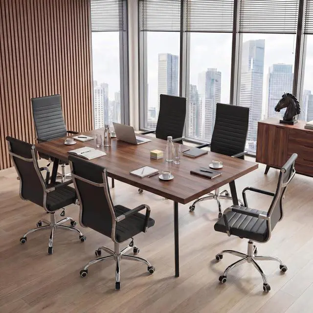 Alt view image 4 of 7 - Ribbed Office Chair High Back PU Leather Executive Conference Chair Adjustable Swivel Chair with Arms, Black
