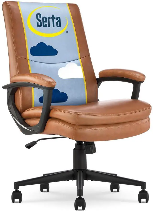 Main image of Executive Office Chair with Lumbar Support, Fixed Arms Leather Chair | Comfort Modern, Semi-Plush Foam Seat Cushion, Adjustable Height & Tilt, Back Pain Relief Chair, Desk Chair with Wheel, Cognac