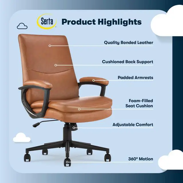 Alt view image 3 of 7 - Executive Office Chair with Lumbar Support, Fixed Arms Leather Chair | Comfort Modern, Semi-Plush Foam Seat Cushion, Adjustable Height & Tilt, Back Pain Relief Chair, Desk Chair with Wheel, Cognac