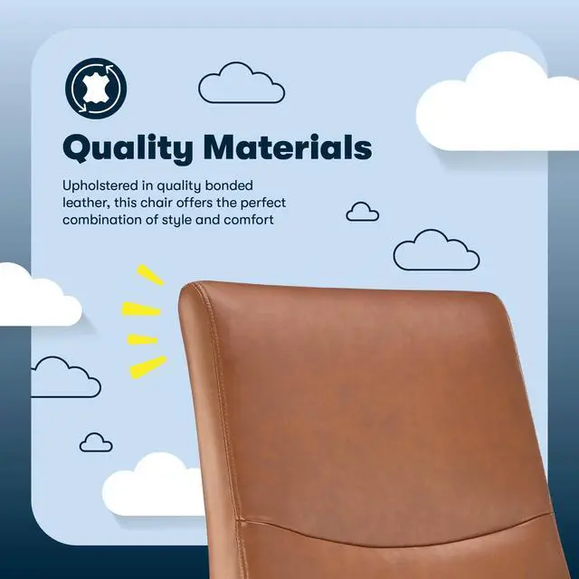 Alt view image 4 of 7 - Executive Office Chair with Lumbar Support, Fixed Arms Leather Chair | Comfort Modern, Semi-Plush Foam Seat Cushion, Adjustable Height & Tilt, Back Pain Relief Chair, Desk Chair with Wheel, Cognac