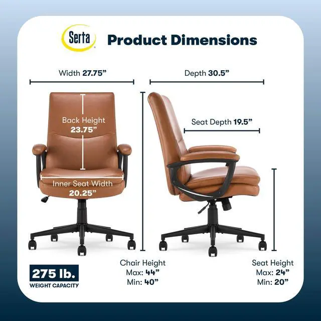 Alt view image 2 of 7 - Executive Office Chair with Lumbar Support, Fixed Arms Leather Chair | Comfort Modern, Semi-Plush Foam Seat Cushion, Adjustable Height & Tilt, Back Pain Relief Chair, Desk Chair with Wheel, Cognac