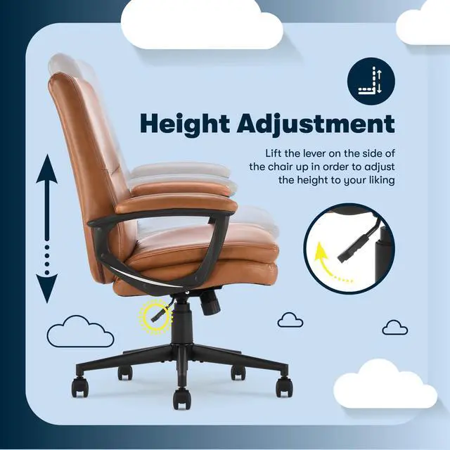 Alt view image 7 of 7 - Executive Office Chair with Lumbar Support, Fixed Arms Leather Chair | Comfort Modern, Semi-Plush Foam Seat Cushion, Adjustable Height & Tilt, Back Pain Relief Chair, Desk Chair with Wheel, Cognac