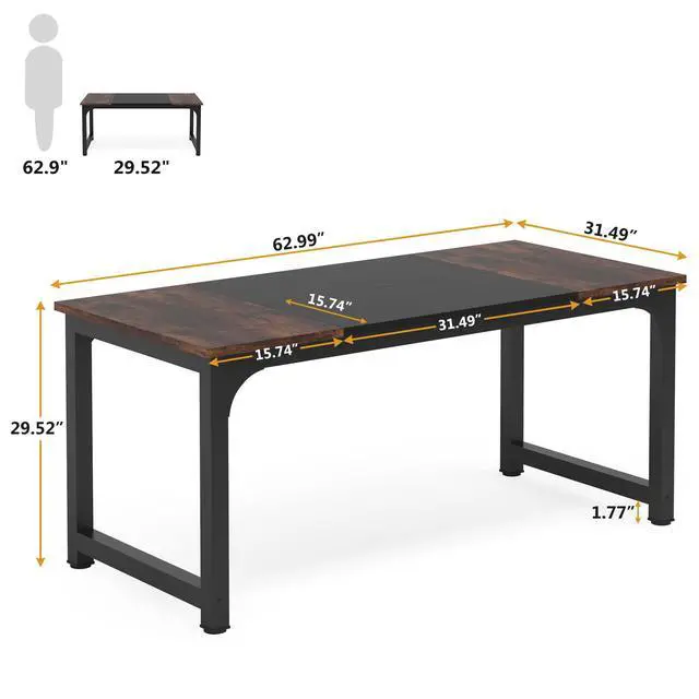 Alt view image 2 of 6 - Conference Table, 63" W x 31.5" D Meeting Room Table Boardroom Desk for Office Conference Room, Splicing Board with Metal Frame, Rustic Brown/Black
