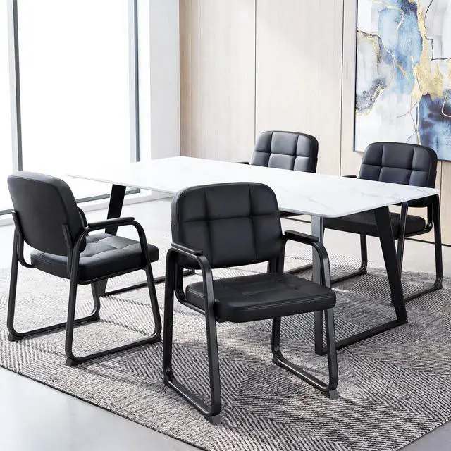 Alt view image 2 of 7 - Waiting Room Guest Chairs Set of 4, Leather Office Reception Chairs with Padded Armrests, Sled Base, Metal Frame, Stationary Side Chairs No Wheels for Conference Meeting Lobby Home, Black