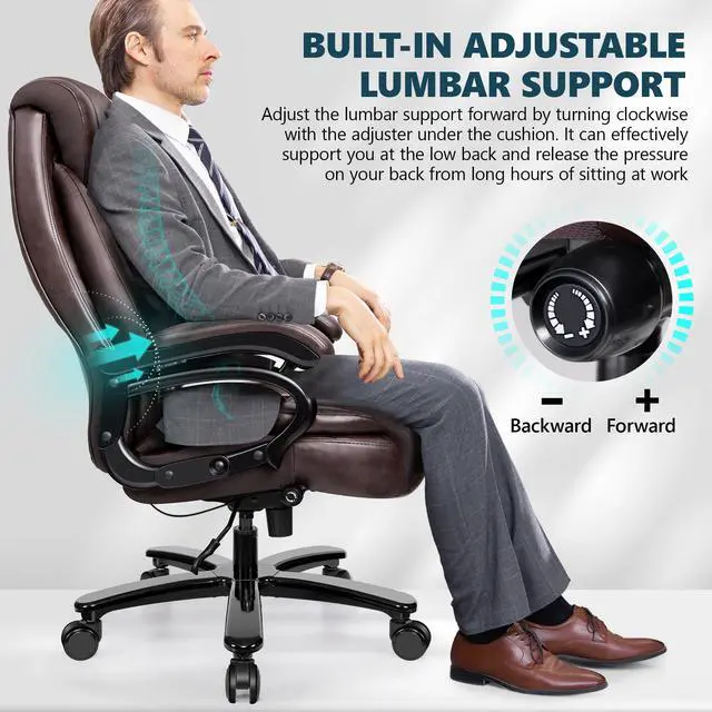 Alt view image 4 of 7 - Big and Tall 500lbs Office Chair,Heavy Duty Large PU Leather Executive Desk Chair with Wide Seat, Adjustbale Ergonomic Lumbar Support High Back Rocking Computer Chair for Heavy People