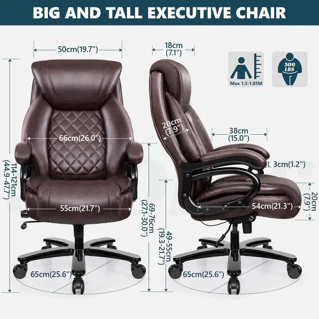 Alt view image 3 of 7 - Big and Tall 500lbs Office Chair,Heavy Duty Large PU Leather Executive Desk Chair with Wide Seat, Adjustbale Ergonomic Lumbar Support High Back Rocking Computer Chair for Heavy People
