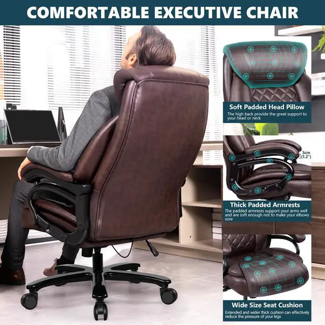 Alt view image 5 of 7 - Big and Tall 500lbs Office Chair,Heavy Duty Large PU Leather Executive Desk Chair with Wide Seat, Adjustbale Ergonomic Lumbar Support High Back Rocking Computer Chair for Heavy People