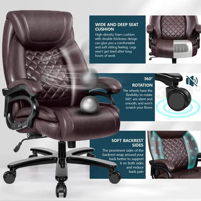 Alt view image 6 of 7 - Big and Tall 500lbs Office Chair,Heavy Duty Large PU Leather Executive Desk Chair with Wide Seat, Adjustbale Ergonomic Lumbar Support High Back Rocking Computer Chair for Heavy People