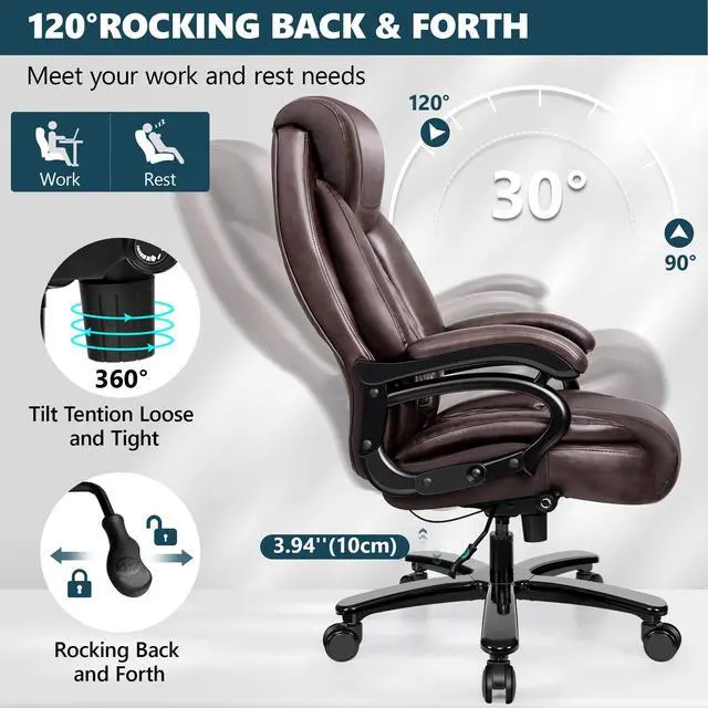 Alt view image 7 of 7 - Big and Tall 500lbs Office Chair,Heavy Duty Large PU Leather Executive Desk Chair with Wide Seat, Adjustbale Ergonomic Lumbar Support High Back Rocking Computer Chair for Heavy People
