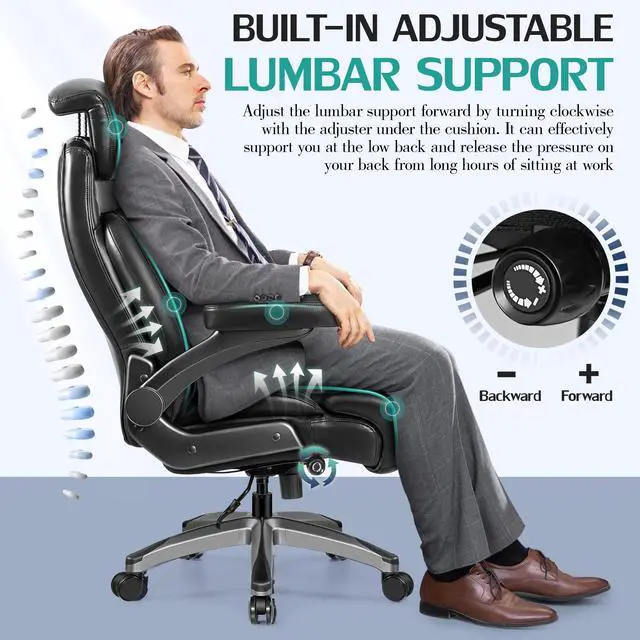 Alt view image 4 of 7 - 500lbs Executive Office Chair, Big and Tall Home Desk Chairs for Large People, Heavy Duty PU Leather Computer Gaming Chair with Adjustable Lumbar Support & Armrests, Thick Padding for Comfort