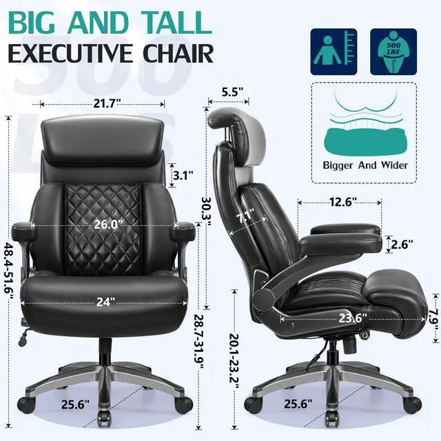 Alt view image 3 of 7 - 500lbs Executive Office Chair, Big and Tall Home Desk Chairs for Large People, Heavy Duty PU Leather Computer Gaming Chair with Adjustable Lumbar Support & Armrests, Thick Padding for Comfort