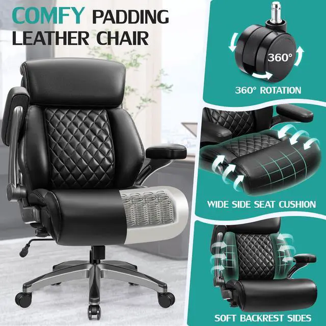 Alt view image 6 of 7 - 500lbs Executive Office Chair, Big and Tall Home Desk Chairs for Large People, Heavy Duty PU Leather Computer Gaming Chair with Adjustable Lumbar Support & Armrests, Thick Padding for Comfort