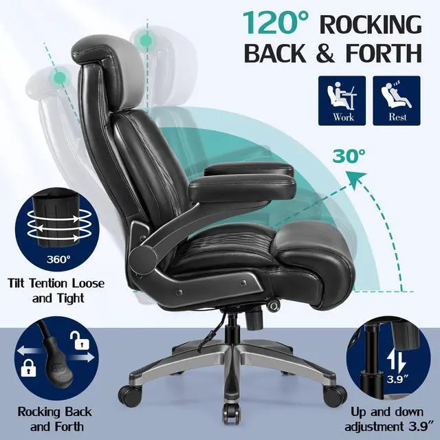 Alt view image 7 of 7 - 500lbs Executive Office Chair, Big and Tall Home Desk Chairs for Large People, Heavy Duty PU Leather Computer Gaming Chair with Adjustable Lumbar Support & Armrests, Thick Padding for Comfort