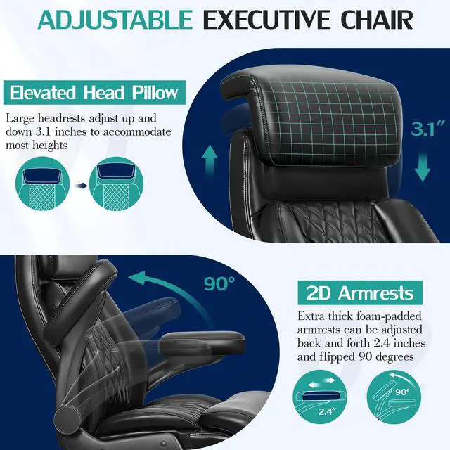 Alt view image 5 of 7 - 500lbs Executive Office Chair, Big and Tall Home Desk Chairs for Large People, Heavy Duty PU Leather Computer Gaming Chair with Adjustable Lumbar Support & Armrests, Thick Padding for Comfort