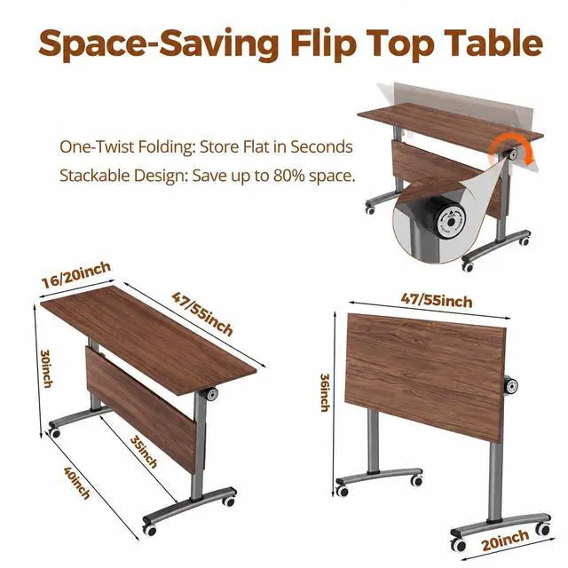 Alt view image 2 of 7 - 55in Commercial Folding Conference Room Tables,Modern Meeting Tables,Mobile Training Table with Wheels,Flip Top Rolling Seminar Meeting Table for Training Center,Meeting,Classroom,Office