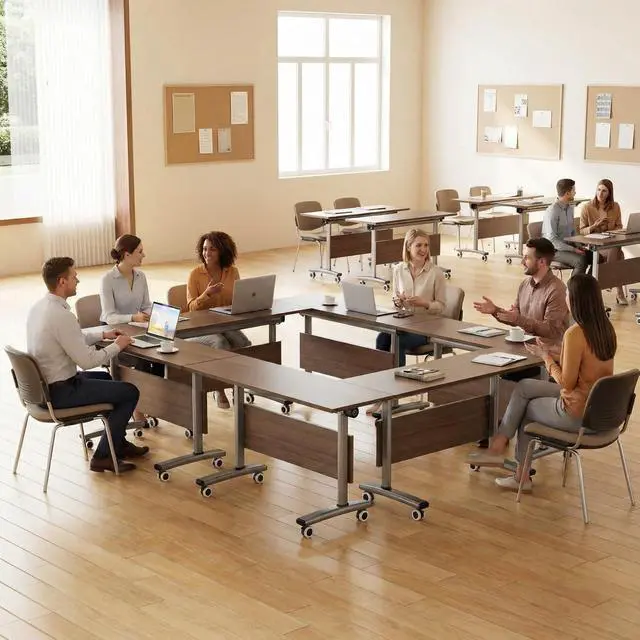 Alt view image 3 of 7 - 55in Commercial Folding Conference Room Tables,Modern Meeting Tables,Mobile Training Table with Wheels,Flip Top Rolling Seminar Meeting Table for Training Center,Meeting,Classroom,Office