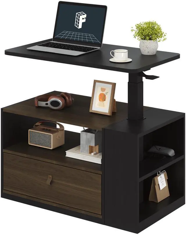 Main image of H7 CAB 28" Storage Sit-Stand Desk with Pneumatic Lift | Computer workstation desk with drawer and cabinet storage. Compact desk for small spaces and home office.25.8"41.3",Black