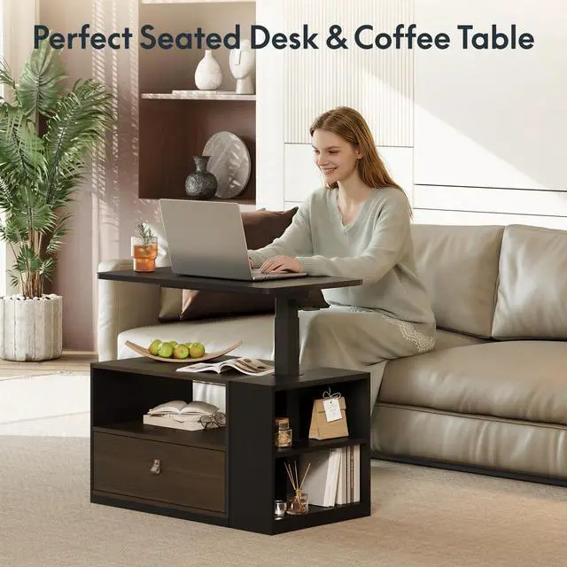 Alt view image 4 of 7 - H7 CAB 28" Storage Sit-Stand Desk with Pneumatic Lift | Computer workstation desk with drawer and cabinet storage. Compact desk for small spaces and home office.25.8"41.3",Black