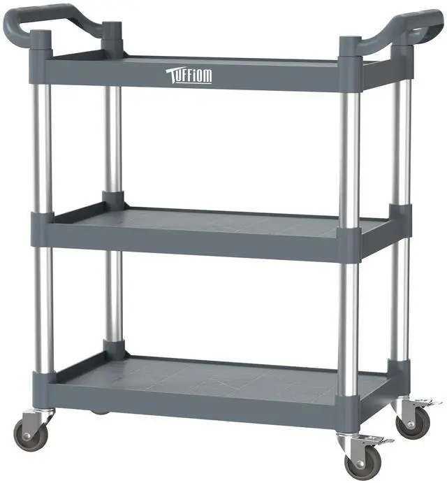 Main image of 3-Tier Plastic Service Utility Cart with Wheels,Heavy Duty 390lbs Capacity,Commercial Rolling for Restaurant, Foodservice, Office, Warehouse, Gray 24.6''L x 15.8''W x 37.4''H