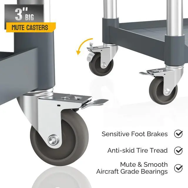 Alt view image 3 of 7 - 3-Tier Plastic Service Utility Cart with Wheels,Heavy Duty 390lbs Capacity,Commercial Rolling for Restaurant, Foodservice, Office, Warehouse, Gray 24.6''L x 15.8''W x 37.4''H