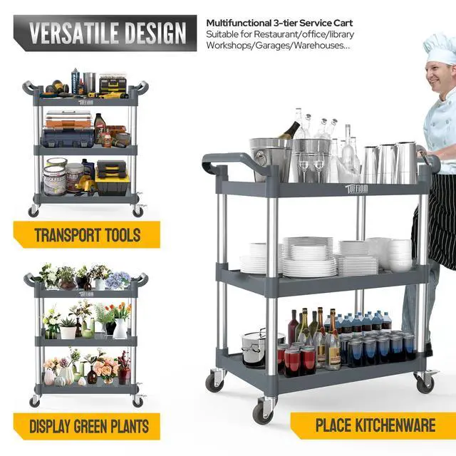 Alt view image 4 of 7 - 3-Tier Plastic Service Utility Cart with Wheels,Heavy Duty 390lbs Capacity,Commercial Rolling for Restaurant, Foodservice, Office, Warehouse, Gray 24.6''L x 15.8''W x 37.4''H